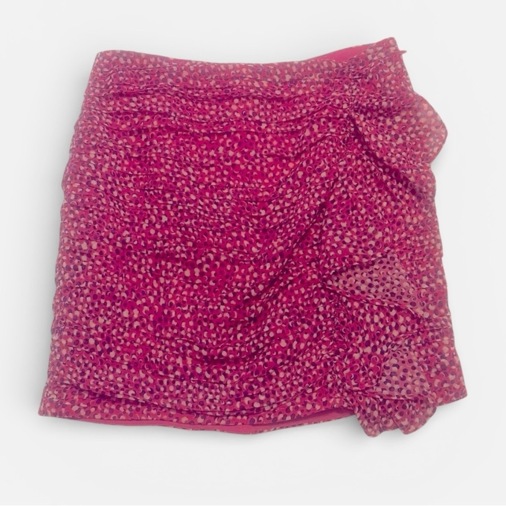 INTERMIX Silk Purple Pink Polka Dot Ruched Ruffled Mini Skirt Size 0